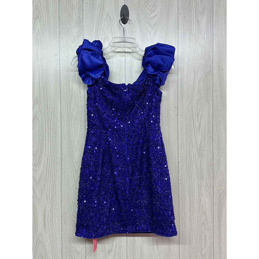 SHEIN Royal Blue Sequin Mini Dress Ruffled Satin Straps V-Neck Size 6 NEW - Picture 2 of 3